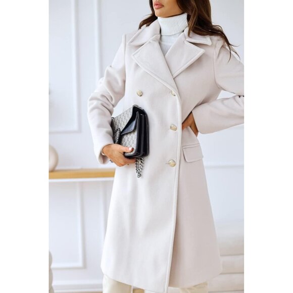 Women's White  Winter Lapel Double Breasted Office Work Long Wool  Overcoat - Picture 2 of 5